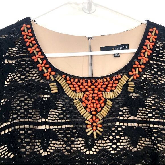 Sangria Black Lace Overlay Beaded Short Sleeve Sheath Dress - Picture 4 of 16